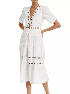 RAHI White Eyelet Button-Front Midi Dress with Puff Sleeves